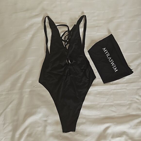 Myra Swim One Piece Bathing Suit Lace-Up, Low Back Black Small - Picture 7 of 16